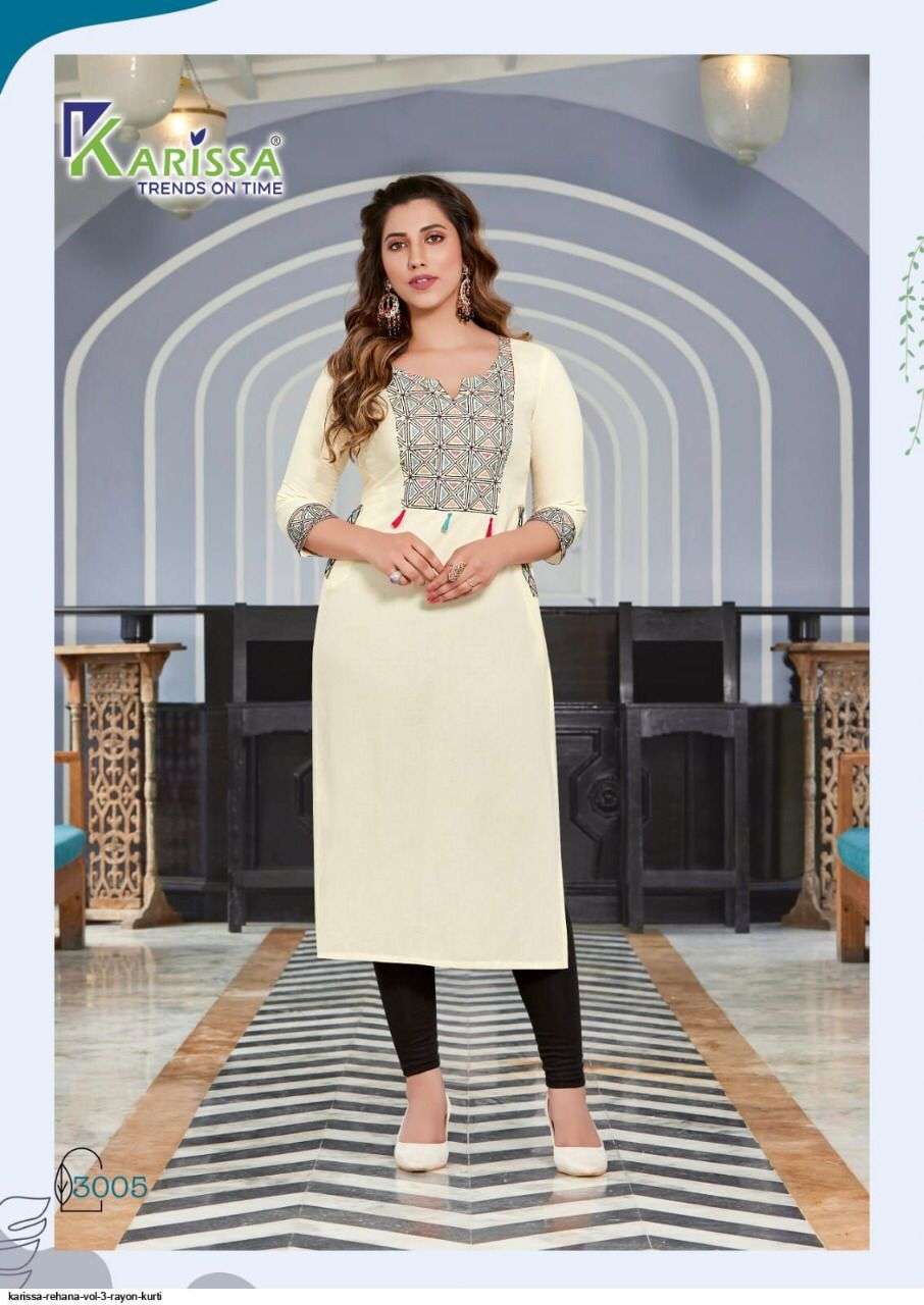 REHANA VOL 3 PREMIUM RAYON LIVA TAGS THREAD WORK AND HANDWORK KURTI WITH POCKET AND OTHER PATTERNS BY KARISSA 3006